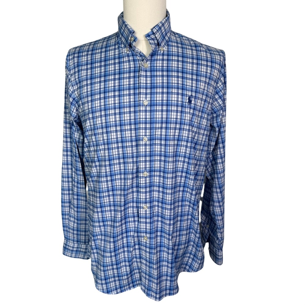 POLO RALPH LAUREN Medium Blue Plaid Classic Fit Performance Button Down Shirt